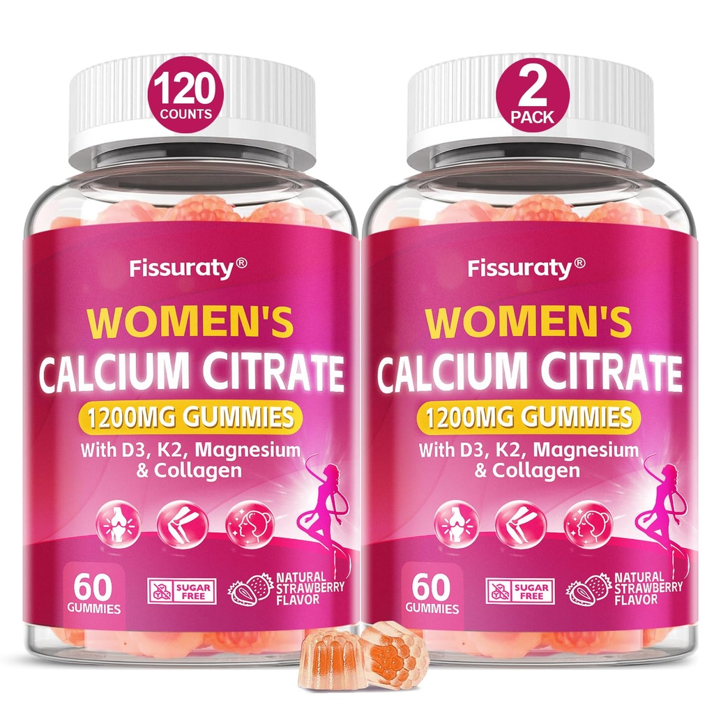 Calcium Supplements for Women: 1200mg Calcium Citrate Gummies, 120 Gummies | with Vitamin D3, K2, Magnesium, Collagen Peptides, Vitamin C & Zinc - Skeletal, Beauty & Immune Support - Sugar Free, Non-GMO