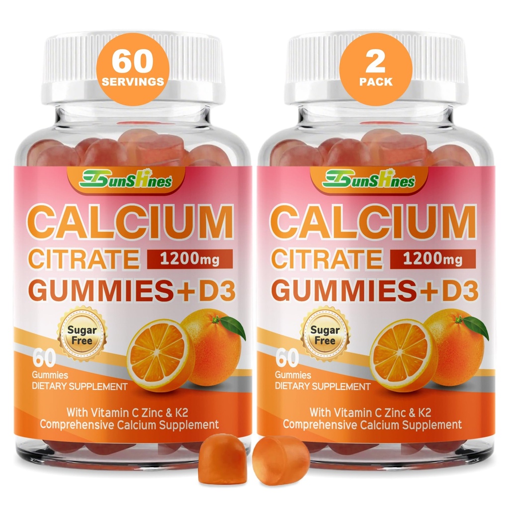 Calcium Citrate Gummies 1200mg with Vitamin D3, K2, Zinc and Vitamin C 5-in-1 - Immune Support Supplement for Women & Men - Sugar Free, Non-GMO Chewable - Orange Flavor (60 Count (Pack of 2))
