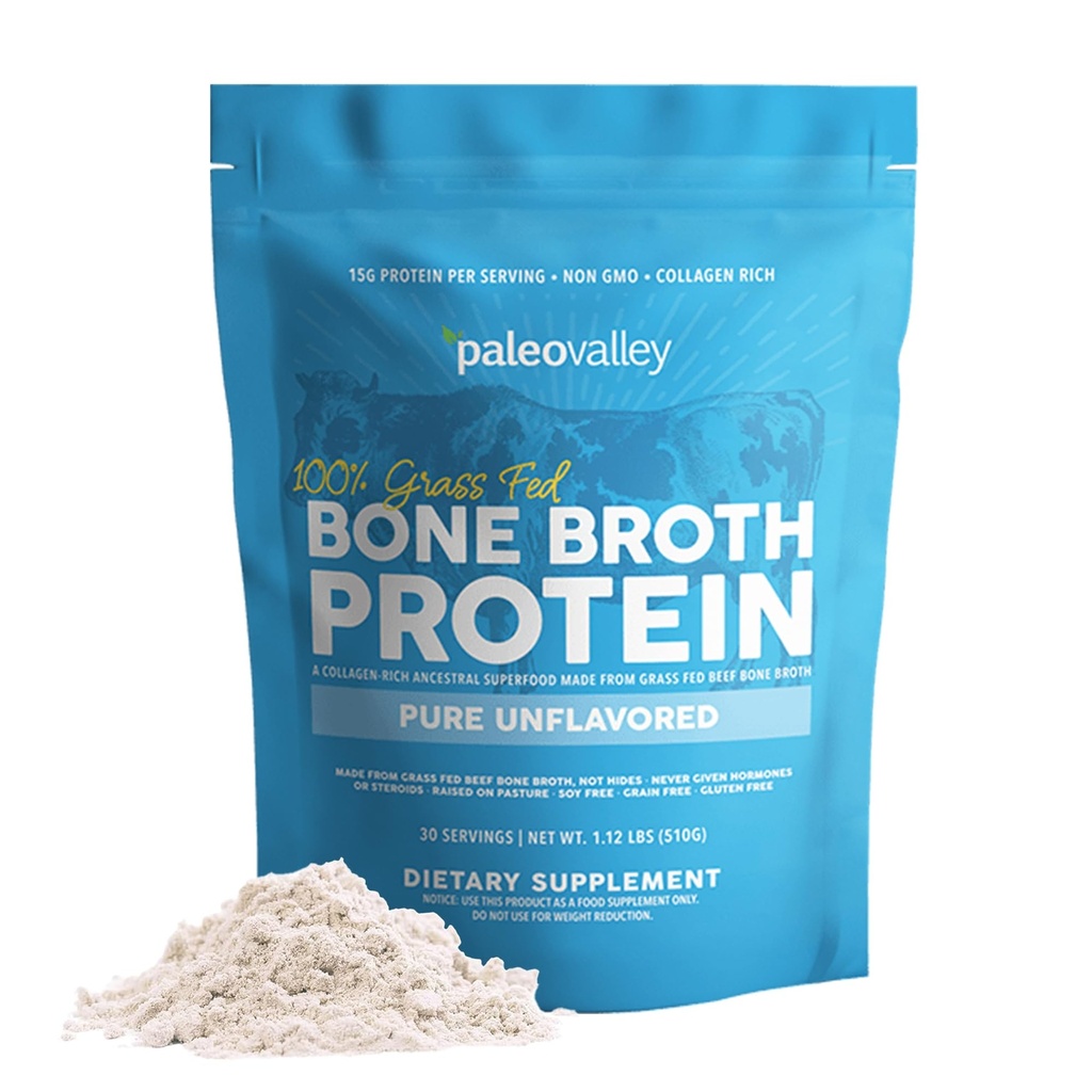 Paleovalley 100% Grass Fed Bone Broth Protein Powder, Unflavored | Collagen Rich, Digestive and Gut Health Support, Joint Support Hair, Skin and Nail Support, 15g Protein