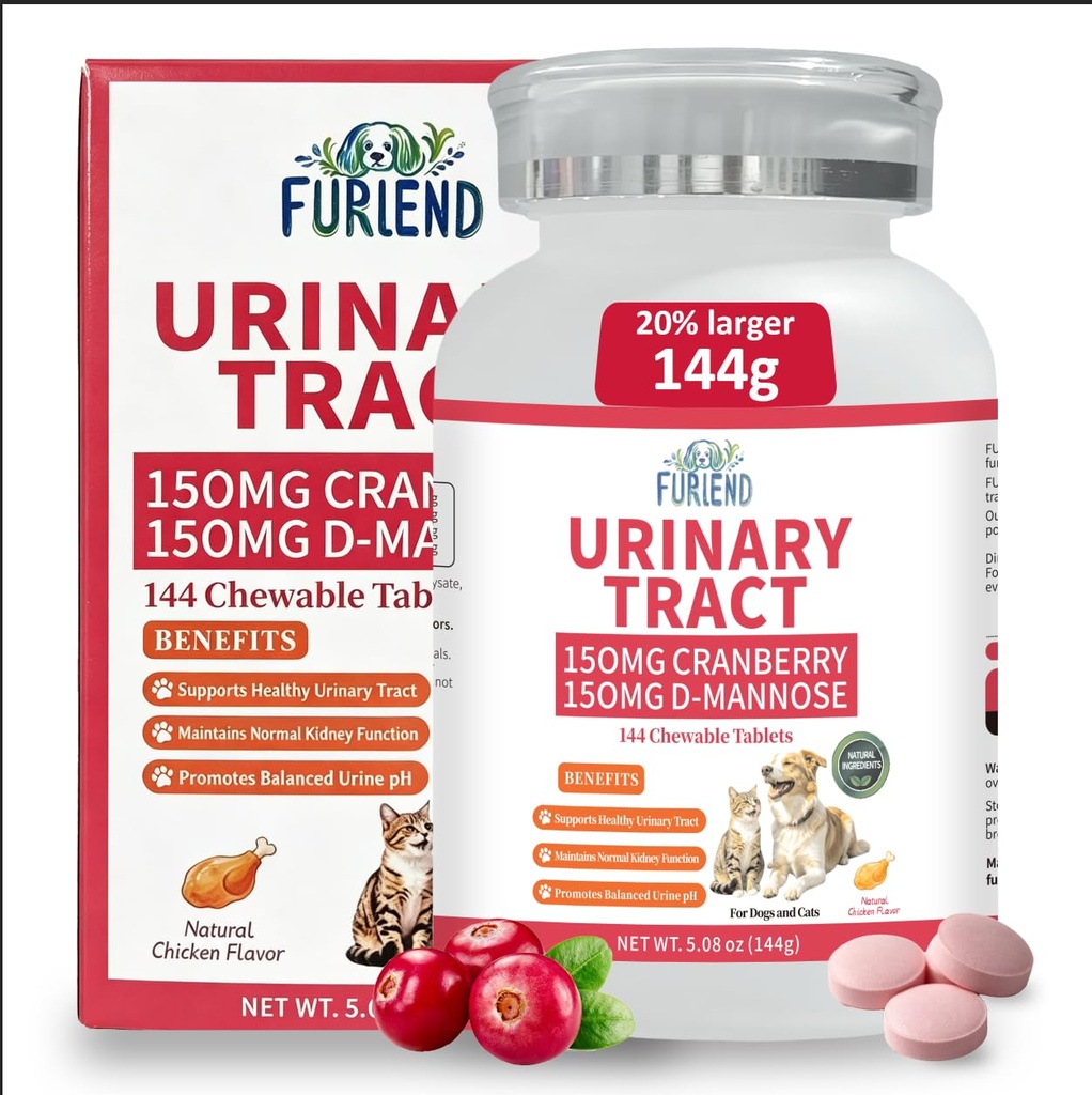 Urinary Tract Support for Dogs and Cats - Cranberry + D-Mannose Chewables for Bladder Health, Kidney Function & Balanced Urine pH - 144 Natural Chicken Flavor Tablets