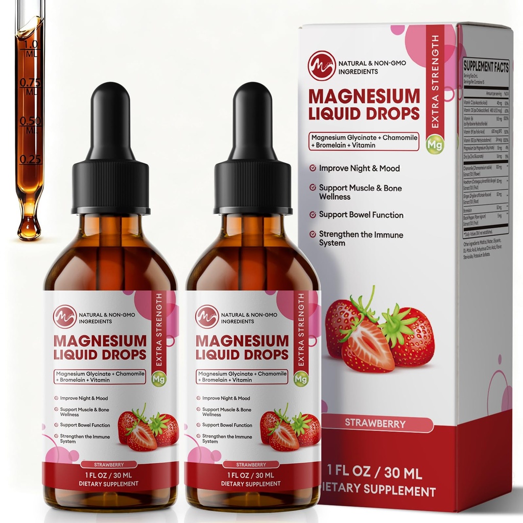 Magnesium Glycinate Supplement, Magnesium Liquid Drops, 1 Fl Oz (Pack of 2) | Magnesium Supplement with Chamomile, Hawthorn, Ginger Extract & Vitamin B6, B9, B12, C, D3, Strawberry Flavor