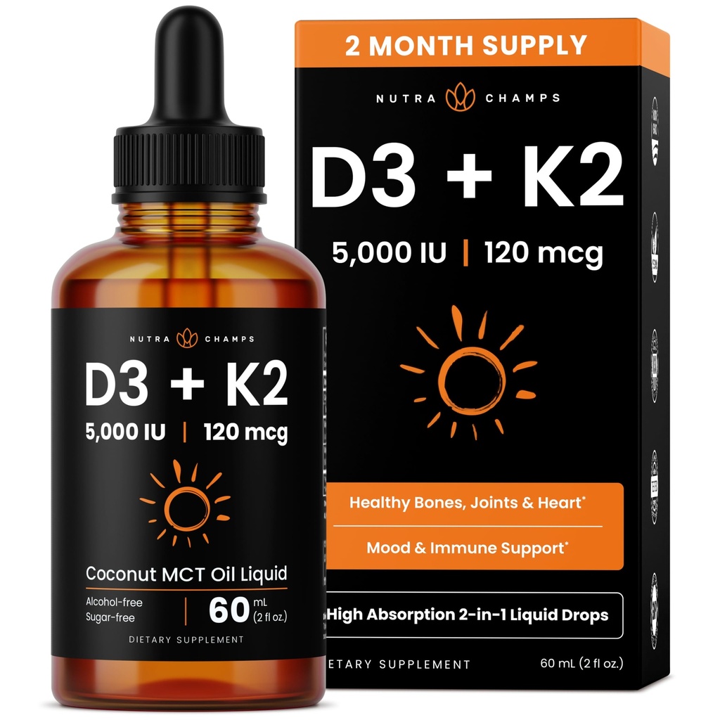 NutraChamps vitamine D3 K2 druppels, vloeibare vitamine D3 5000 IE & K2 D3 met MK7, vitamine D druppels voor kinderen, botten, hart en immuun gezondheid, vloeibare vitamine D in MCT olie voor betere absorptie