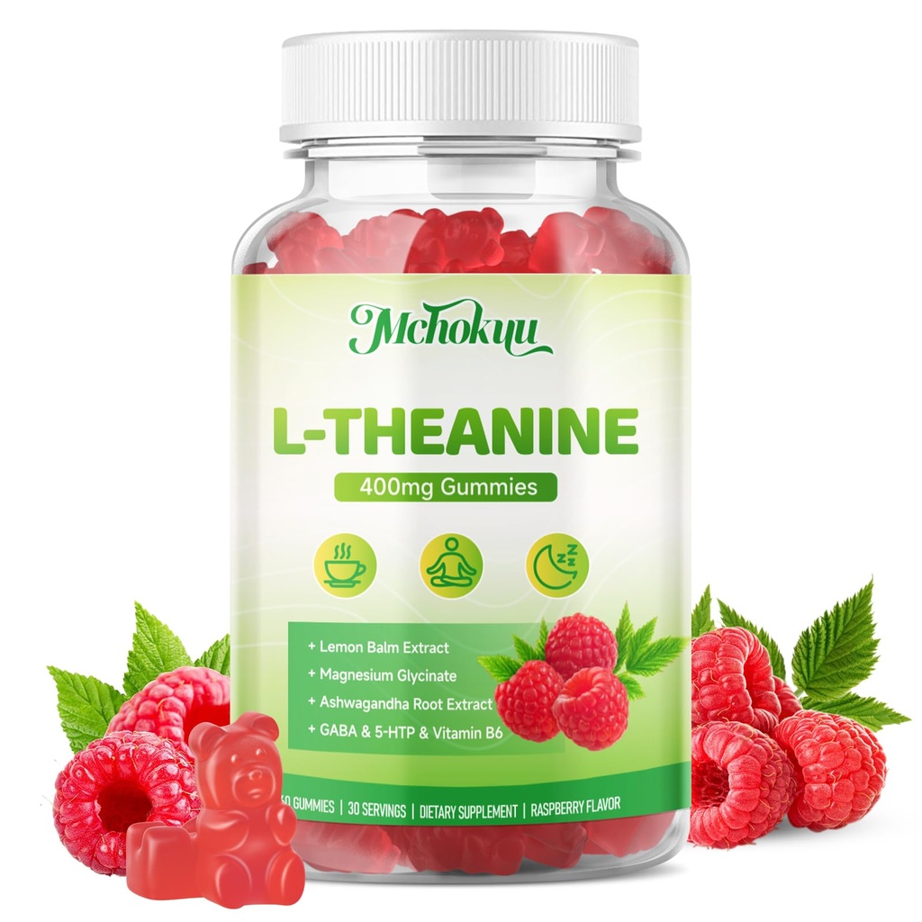 L-Theanine Gummies 400mg Supplement for Kids & Adults, 60 Count | with Ashwagandha, B6, GABA & 5-HTP, 0 Sugar, Vegan, Non-GMO, Raspberry. Supports Calm, Focus & Relaxation* for Daily Wellness