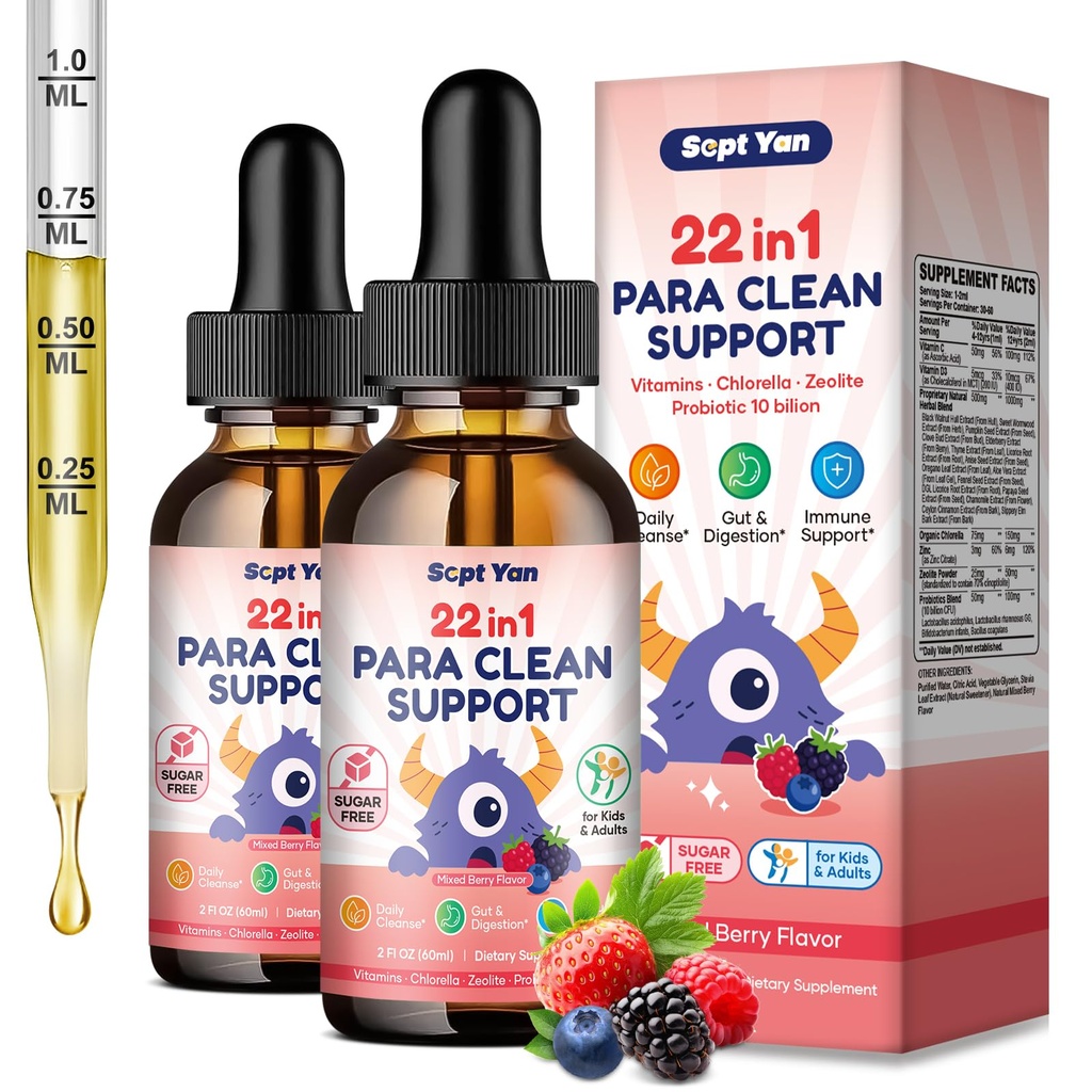 22 in 1 Parasite Cleanse for Humans & Kids, Herbal Gut Cleanse Liquid Drops with Wormwood, Black Walnut, Clove, Chlorella, Oregano, Digestive Health Support - Mixed Berry Flavor 4 Fl Oz