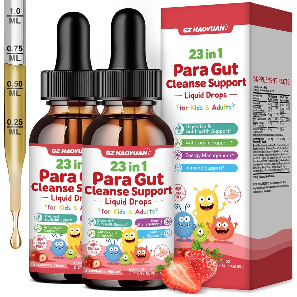 23-in-1 Parasite Cleanse for Humans & Kids, Liquid Drops with Black Walnut, Wormwood, Zeolite, Chlorella & 10B Probiotics, Supports Digestive Health Detox, Strawberry Flavor, 4 Fl Oz