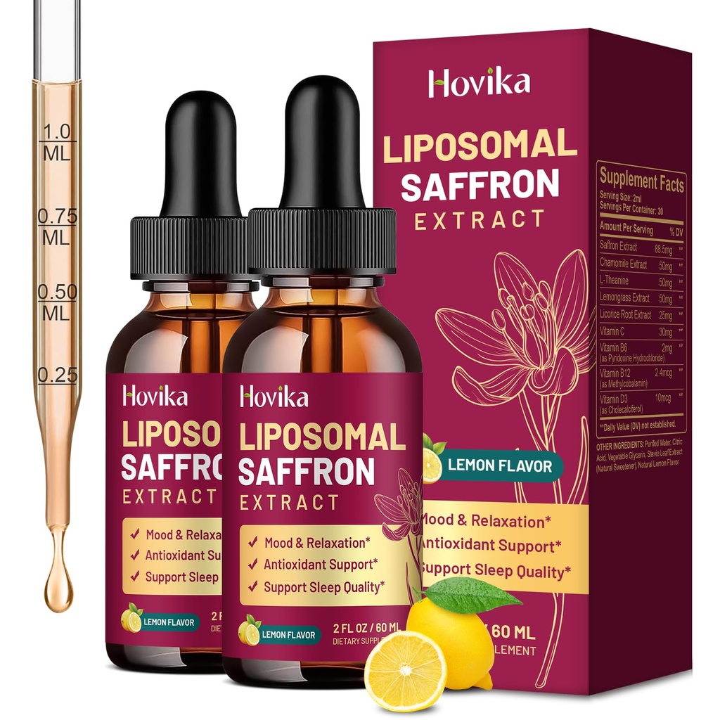 2 Pack Liposomal Saffron Supplements - 88.5mg Saffron Extract Liquid Drops with L-Theanine, Chamomile, Vitamin C, B6, B12 & D3 - Lemon Flavor