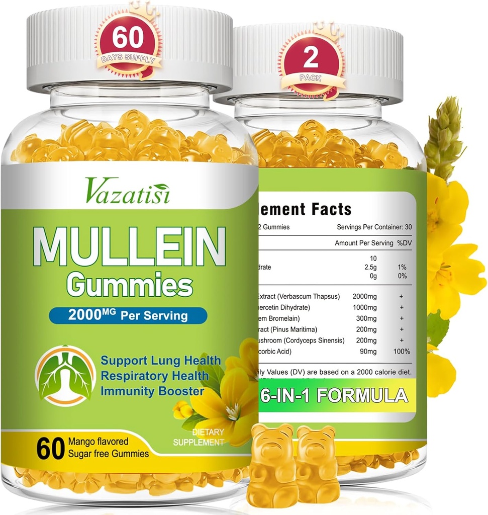 Mullein Gummies, Mullein Leaf Extract met Bromelain, Quercetin, Pine Bark Ondersteuning Lung Cleanse voor gezonde ademhaling, 120ct