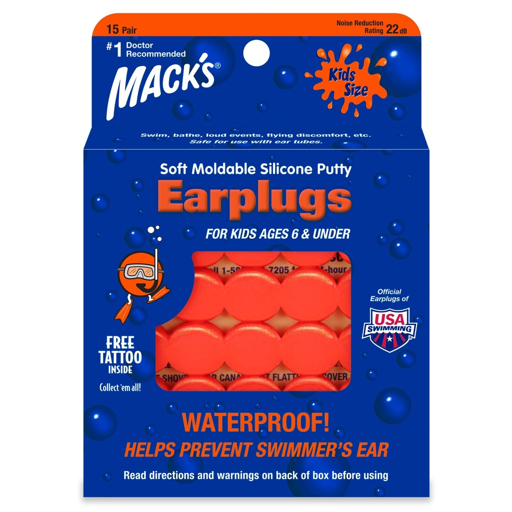 Mack's Soft Moldable Silicone Putty Ear Plugs – Kids Size, 15 Pair – Comfortable Small Earplugs for Swimming, Bathing, Travel, Loud Events and Flying | Made in USA