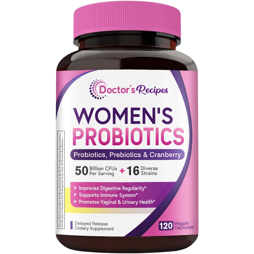 Recepten voor artsen Vrouwen Probiotica, 120 Caps 50 Miljard CFU 16 Strains, met biologische Cranberry, Digestieve Immune Vaginale & Urinaire Gezondheid, Plank Stabiel, Vertraagde Release, Geen soja Gluten Dairy