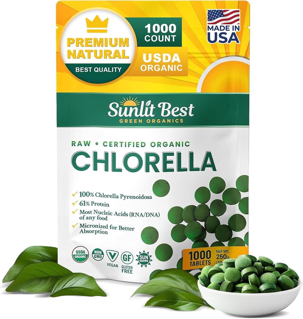 Sunlit Best USDA Organic Premium Chlorella Tablets 1000 Tellen 