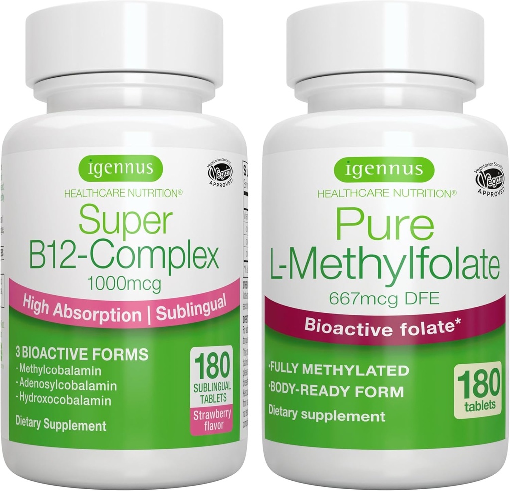 Super B12-Complex 1000mcg + Pure Folaat 400mcg Vegan Bundle, Hoge Absorptie Sublinguale Vitamine B12 met Methylcobalamine, Adenosylcobalamine & Hydroxocobalamine + Geoptimaliseerd L-methylfolaat, door Igennus