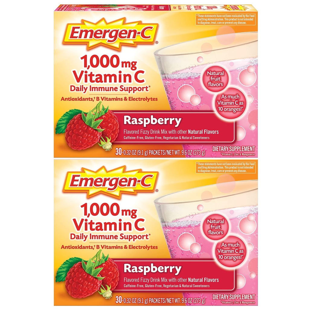Emergen-C 1000mg vitamine C poeder, met antioxidanten, B Vitaminen en Elektrolyten, Vitamine C supplementen voor Immune Ondersteuning, Cafeïne Gratis Drink Mix, Raspberry smaak - 60 Count/2 Maand Levering
