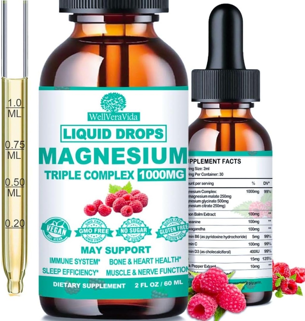 Triple Magnesium Complex, 500 mg Magnesium Glycinate, Citrate & Malate w. Vitamine D3 K2, Chelated Forms Hoge Absorptie, Vloeibare Magnesium Complex w/B6 Zink voor Bot, Slaap, Hart, Energie Zenuw
