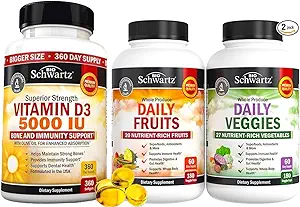 BioSchwartz Daily Fruits and Veggies Supplement for Women and Men (2 Month Supply) Plus High Strength Vitamine D3 5000 IE 125 mcg (1 Year Supply)