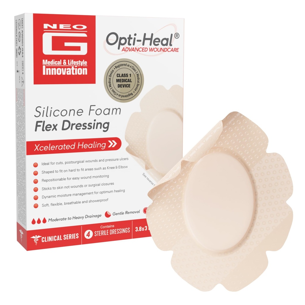 Neo G Opti-Heal Silicone Foam Flex Dressing – Absorbent, Adhesive Foam Wound Dressing for Knee Cuts, Elbow Cuts, Post Surgical Wounds & Pressure Ulcers, Gentle Removal, Showerproof – 3.8” x 3” – 4 Pcs