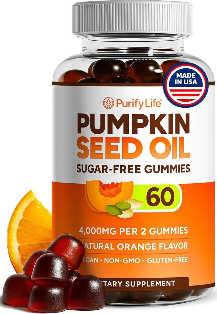 Suikervrije pompoenzaadolie Gummies (4.000 mg/serveren) Pompoenzaadolie voor haargroei, jeugdige huid, prostaatgezondheid, immuun- en urinetrek ondersteuning-natuurlijke bron van essentiële vetzuren-60 Kauwen