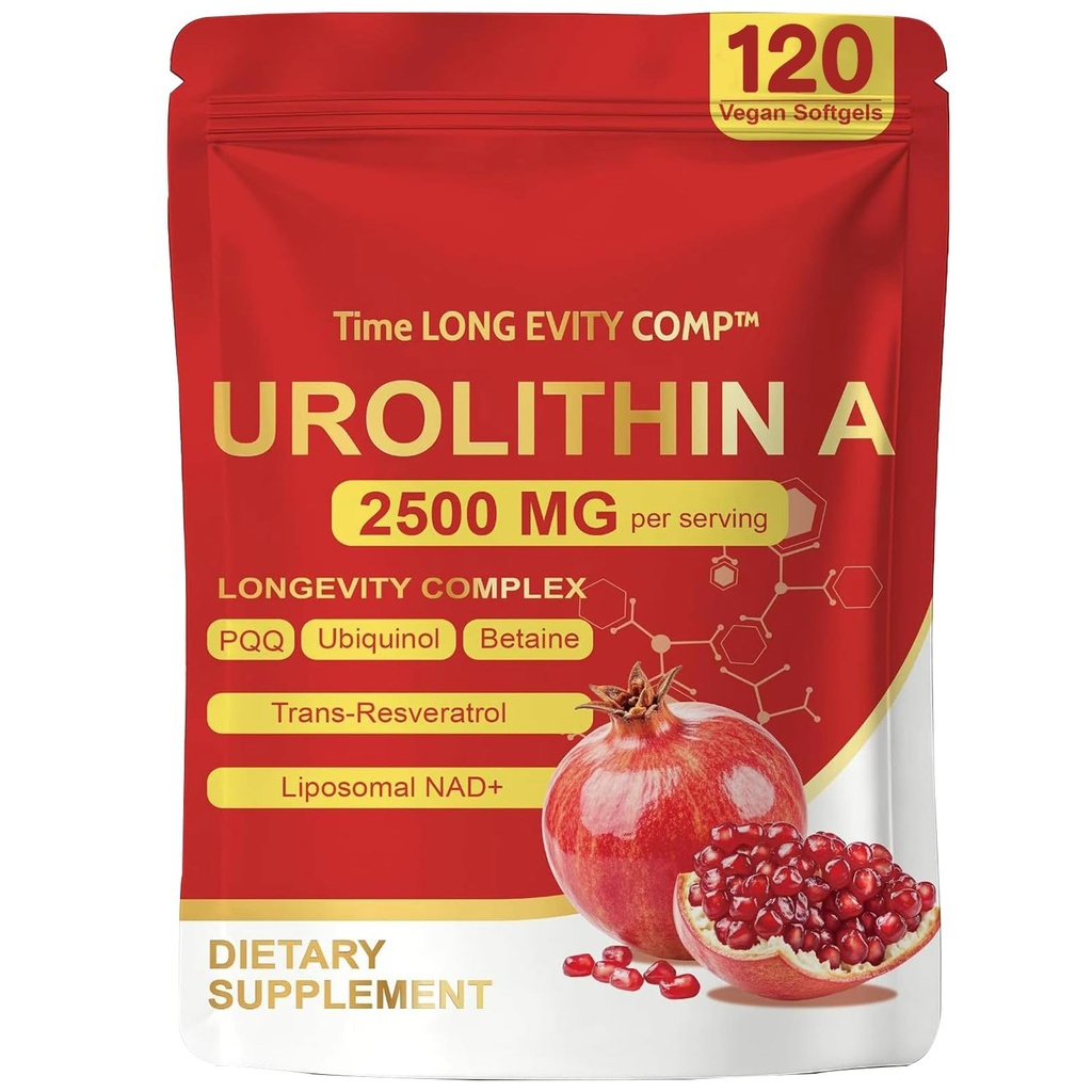 Urolithin A Supplement 2500mg with NAD+, Resveratrol, CoQ10 & PQQ, High Potency 5-in-1 Longevity Formula, Mitochondrial Support for Healthy Aging, Energy & Muscle Strength, 120 Softgels A