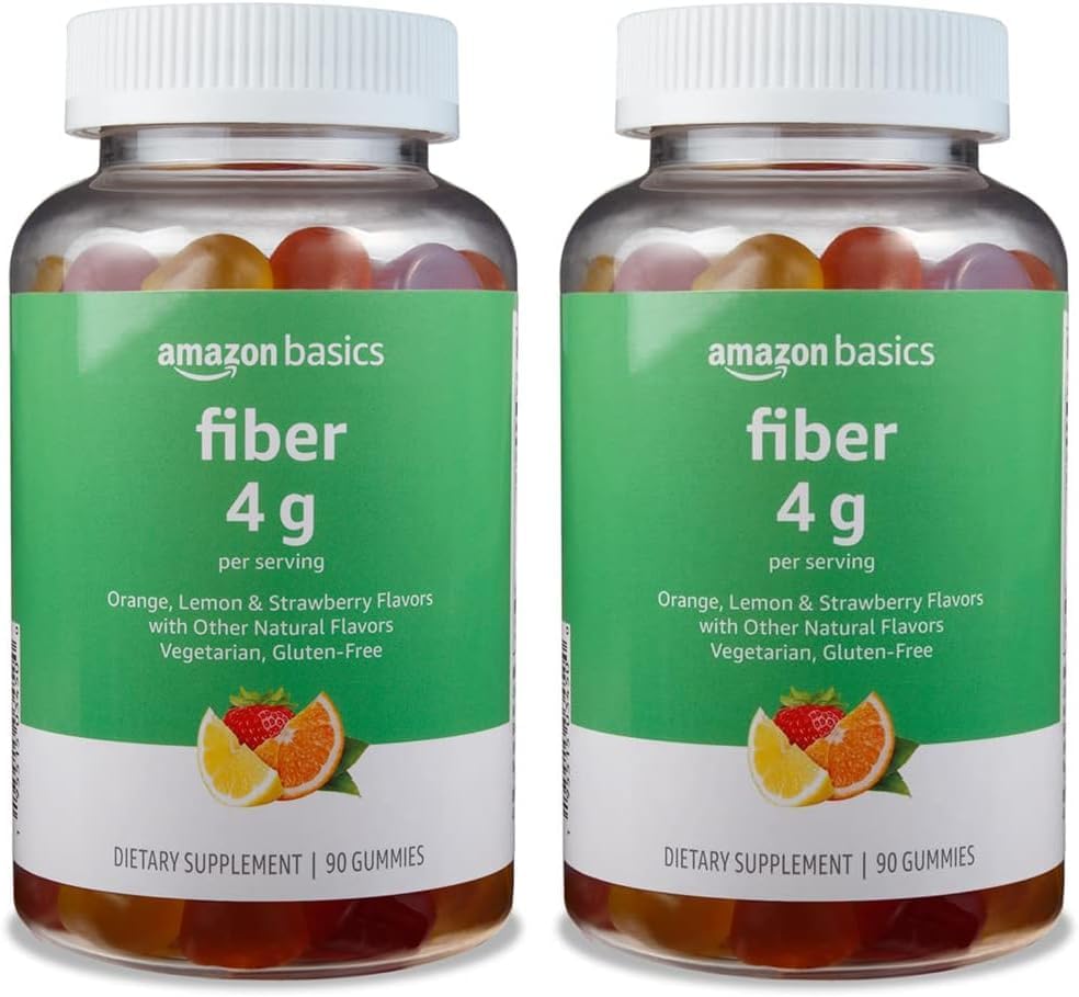 Basics (voorheen Solimo Fiber 4g Gummy - Digestief Gezondheid, Ondersteunt Regularity, Orange, Lemon & Strawberry, 90 Gummies (2 per Serving) (Pack of 2)