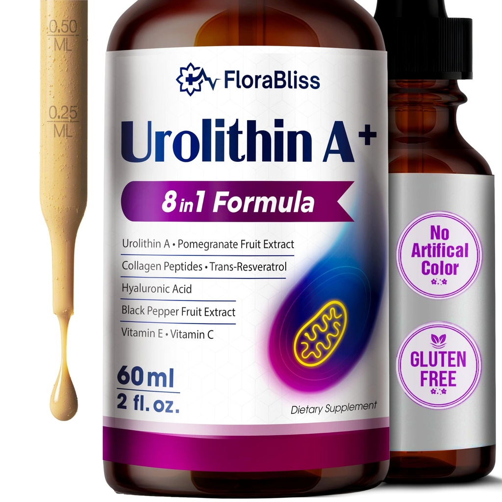 Urolithin A Supplement Liquid Drops | With 1,000mg Urolithin A, 1000mg Collagen Peptides, 500mg Pomegranate Extract, 100mg Trans-Resveratrol, Hyaluronic Acid, Vitamin E & C, Piperine | 30-Day Supply