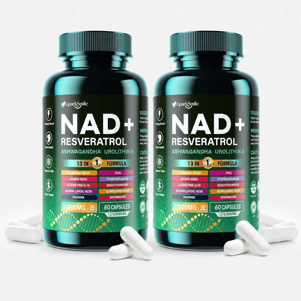 NAD Supplement for Women & Men, 13-in-1 NAD+ Complex with Urolithin A, Resveratrol & CoQ10, Cellular Energy, Focus & Daily Vitality Support, 60 Capsules (2-Pack)