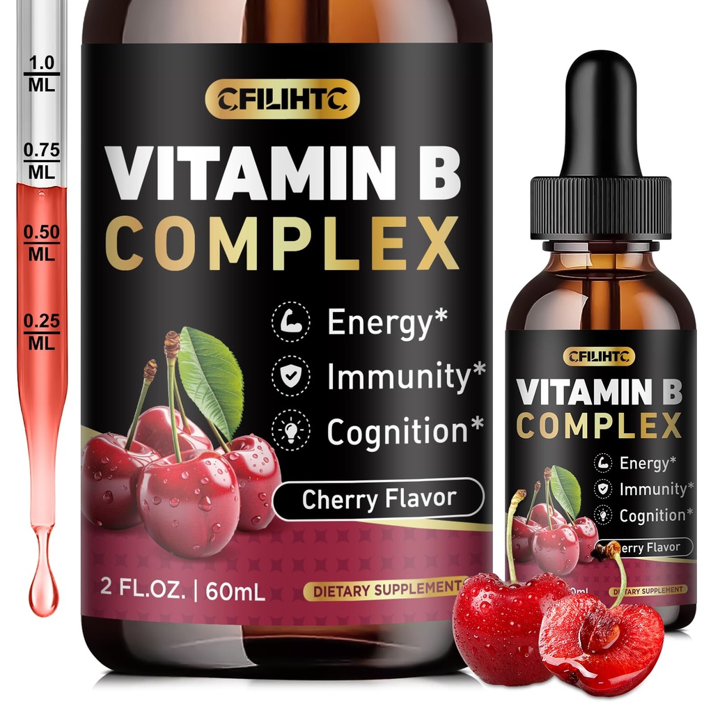 Vitamine B Complex Liquid Drops, B Vitaminen Complex Supplement met B1, B2, B3, B5 B6, B7, B9 & Methyl B12 Drops voor volwassenen en kinderen, Veganist, Cherry Flavor
