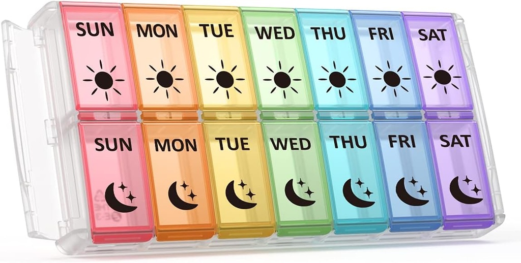 Wekelijkse pil Organisator 2 keer per dag Extra Large 7 Dag Eenvoudige vulling Snelle vulling Portable Fullicon PM Pill Box voor Supplement, vitamine, en geneeskunde - (Patent Geregistreerd)