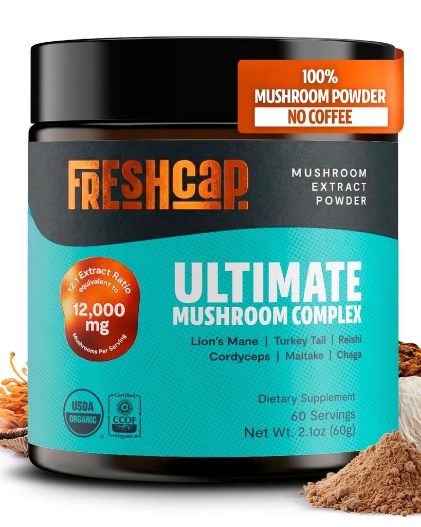 FreshCap Mushrooms Ultimate Mushroom Complex – Mushroom Powder 12:1 Fruiting Body Extract with 29% Beta-Glucans – Ayurveda Clean Energy, No Jitters, Focus & Immune Support (60 Servings)