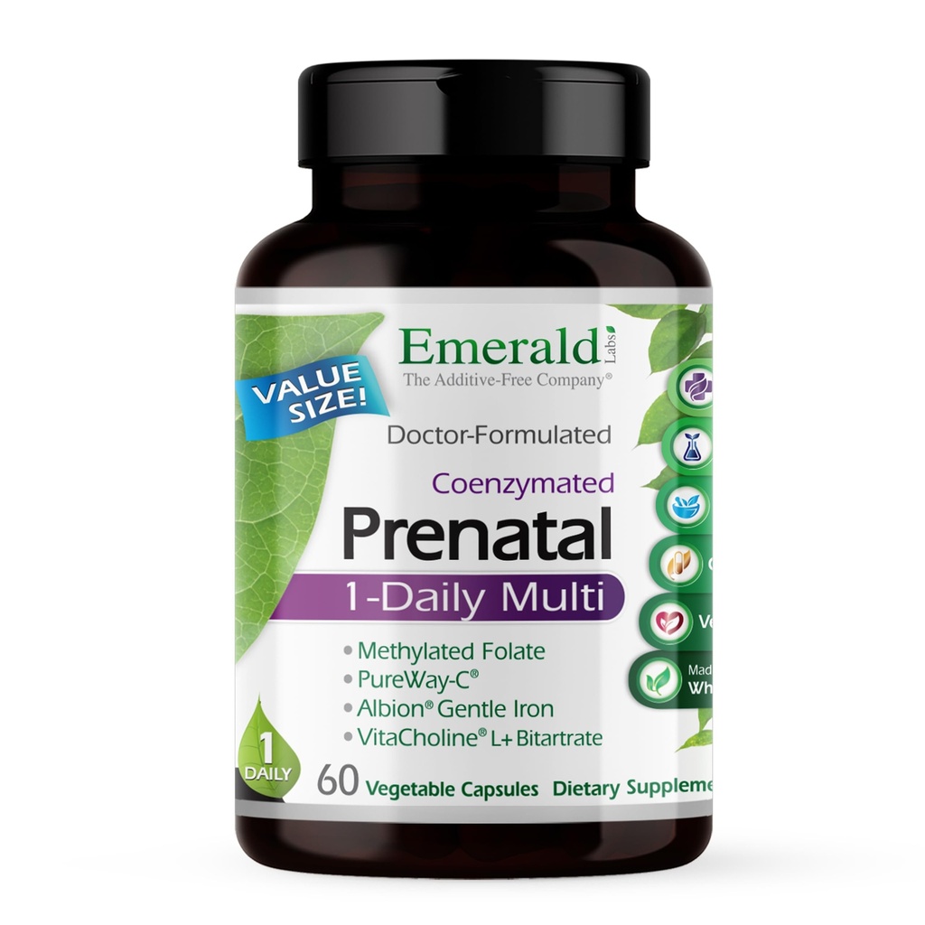 EMERALD LABS Prenatale 1-Daily multi-prenatale multivitamine met gemethyleerde folaat, ijzer, volvoeding Blend & More - sojavrije, glutenvrije - 60 plantaardige capsules