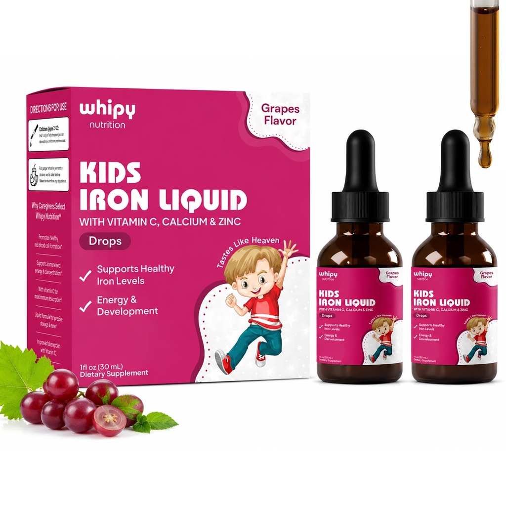 Kids Iron Supplement Liquid Drops for Children Ages 2 to 12, Iron Bisglycinate with Vitamin C, Calcium and Zinc, Liquid Iron for Kids Gentle on Stomach, Grape Flavor, 1fl oz