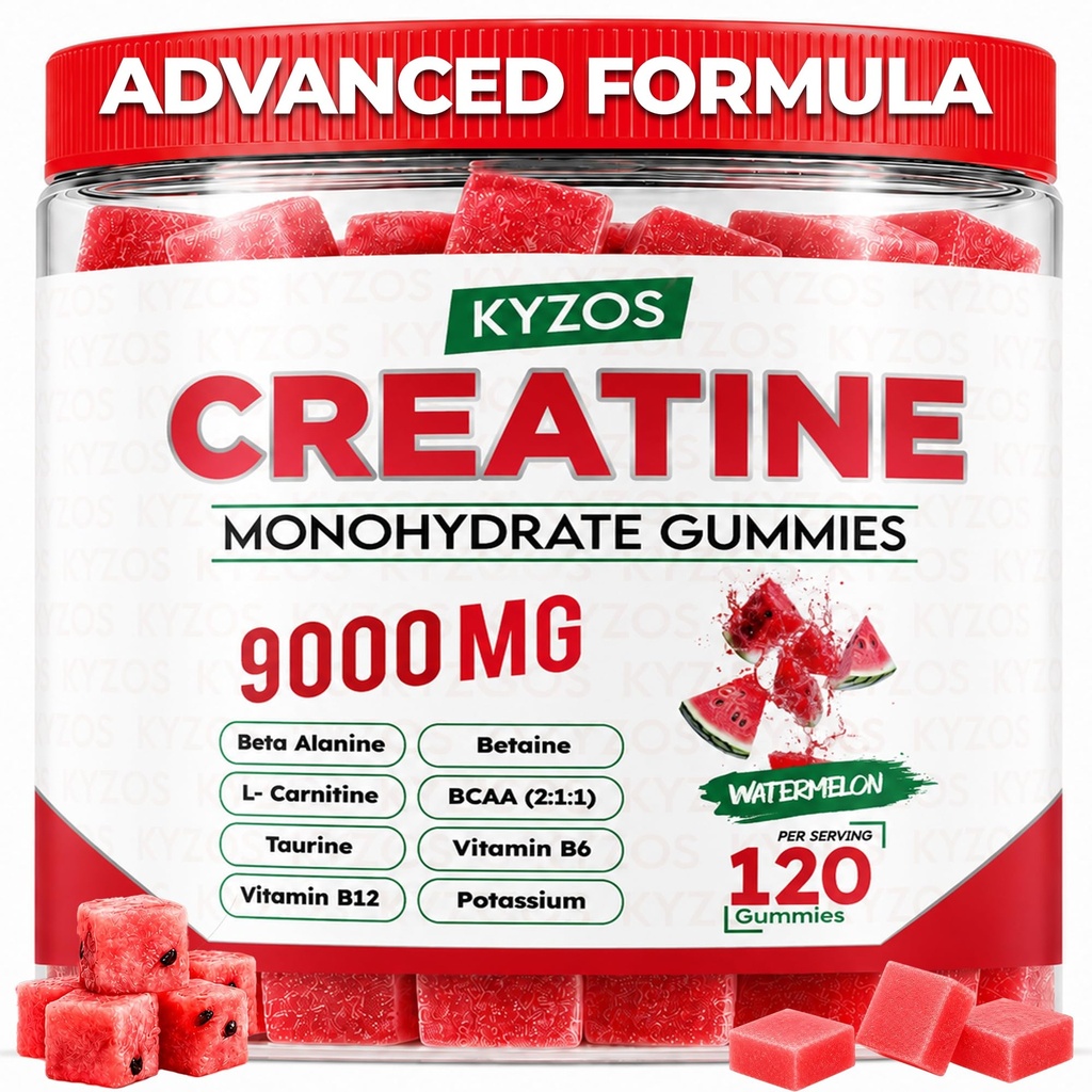 Creatine Monohydrate Gummies 5000mg for Men & Women, Blended BCAA 2:1:1, Beta-Alanine, Taurine & L-Carnitine, Sugar Free Watermelon Flavored, 120 Count