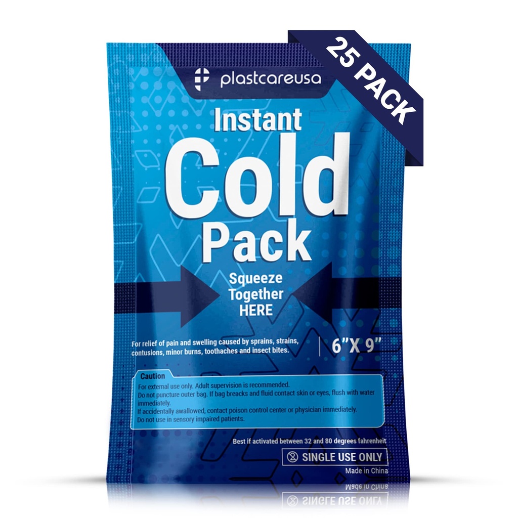 25 Pack 6" x 9" Disposable Ice Packs for Injuries, Swelling, Muscle & Joint Aches, Sprains & Abrasions - Easy to Use Disposable Cold Compress for Pain Relief - PlastCare USA Instant Cold Packs