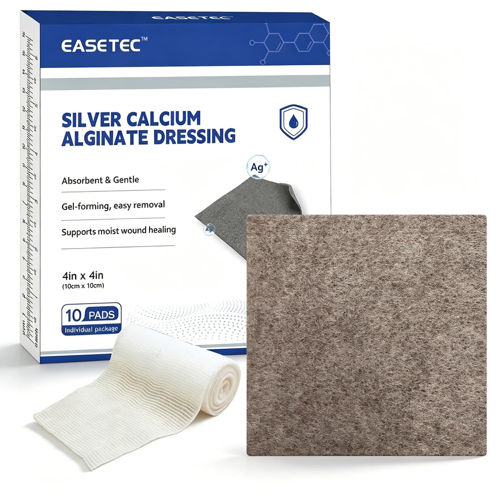 10x Silver Calcium Alginate Wound Dressing 4" x 4" + 2 PBT Bandages, Highly Absorbent Non-Stick Silver Wound Care Dressing, Soft Gentle Gauze Patches for Wound Healing