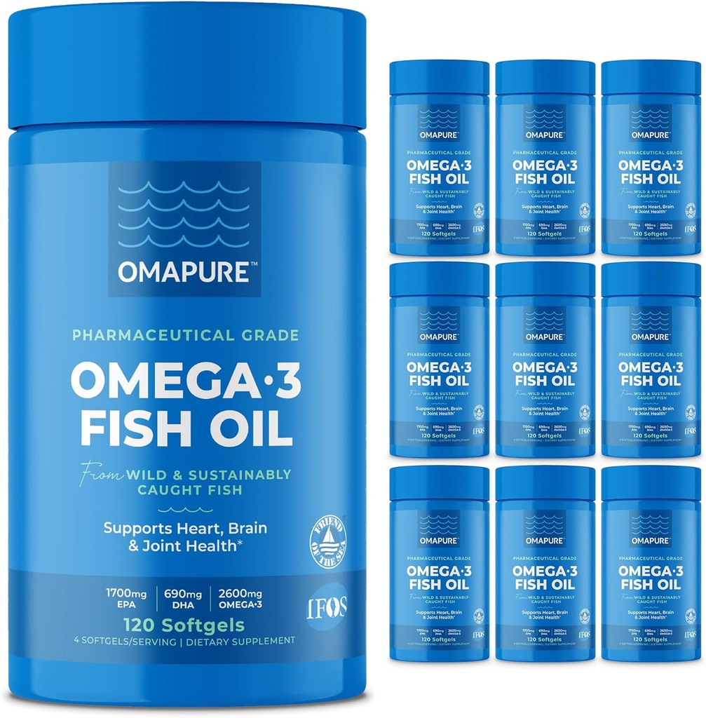 OMAPURE Wild Caught Omega-3 Supplementen met hoge EPA & DHA (10 flessen, 120 Softgels) - Burpless Formule ondersteunt hart en gezamenlijke gezondheid, bevordert hersenfunctie