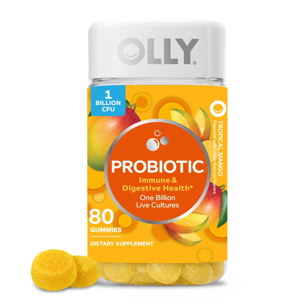 OLLY Probiotic Gummy, Immuun Systeem en Digestieve Ondersteuning, 1 Miljard CFUs, Kauwbare Probiotische Supplement, Mango Flavored, 40 Dagen Levering - 80 Tellen