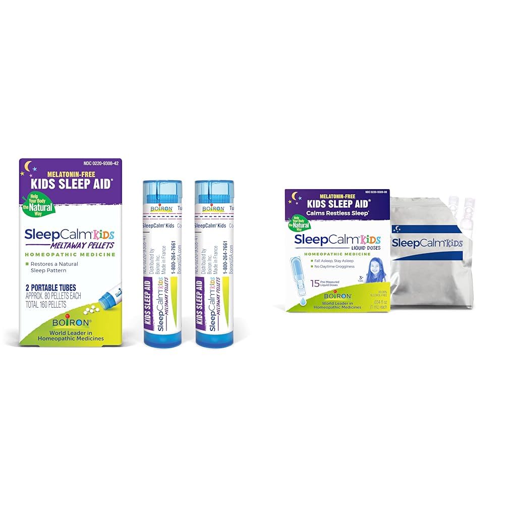 Boiron SleepCalm Kids Sleep Aid Meltaway Pellets 160 Count & Liquid Doses 15 Count for Deep, Relaxing, Restful Nighttime Sleep
