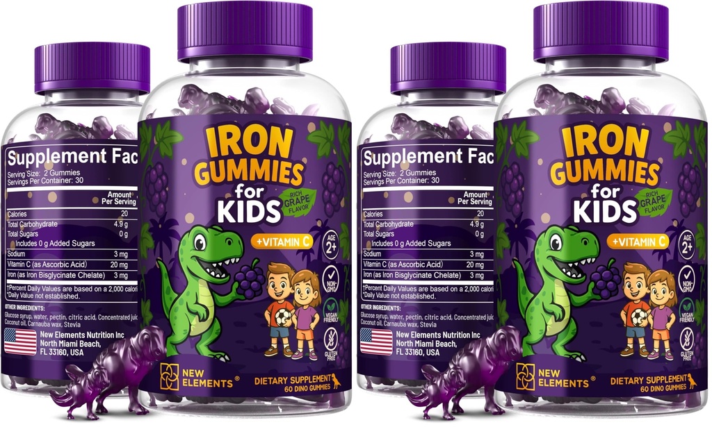Iron Dinosaur Gummies for Kids with Vitamin C | Sugar-Free, Vegan, Gluten-Free & Non-GMO | Anemia Relief, Energy & Blood Health Support | Grape Flavor, Pectin-Based for Optimal Health (Pack of 2)