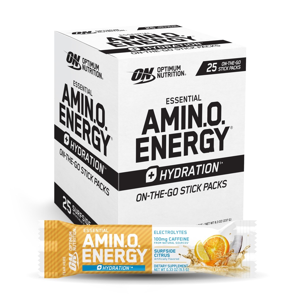 Optimale voeding Amino Energy Plus Hydration Packets, On-The-Go Caffiene Stick Packs, Surfside Citrus, 25 Tellen