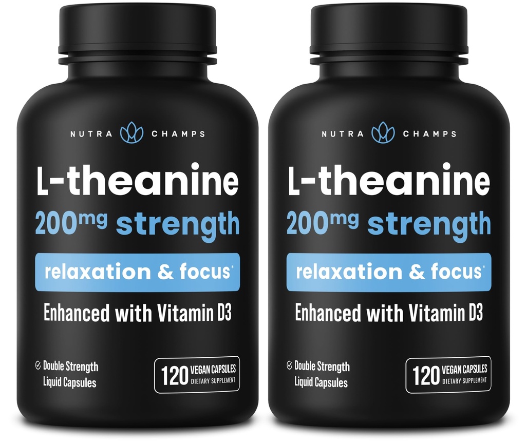 NutraChamps L-Theanine 200mg capsules, dubbelsterk L-Theanine vloeibaar met vitamine D3, biologische kokosolie, 120 Vegan Capsules (verpakking van 2)