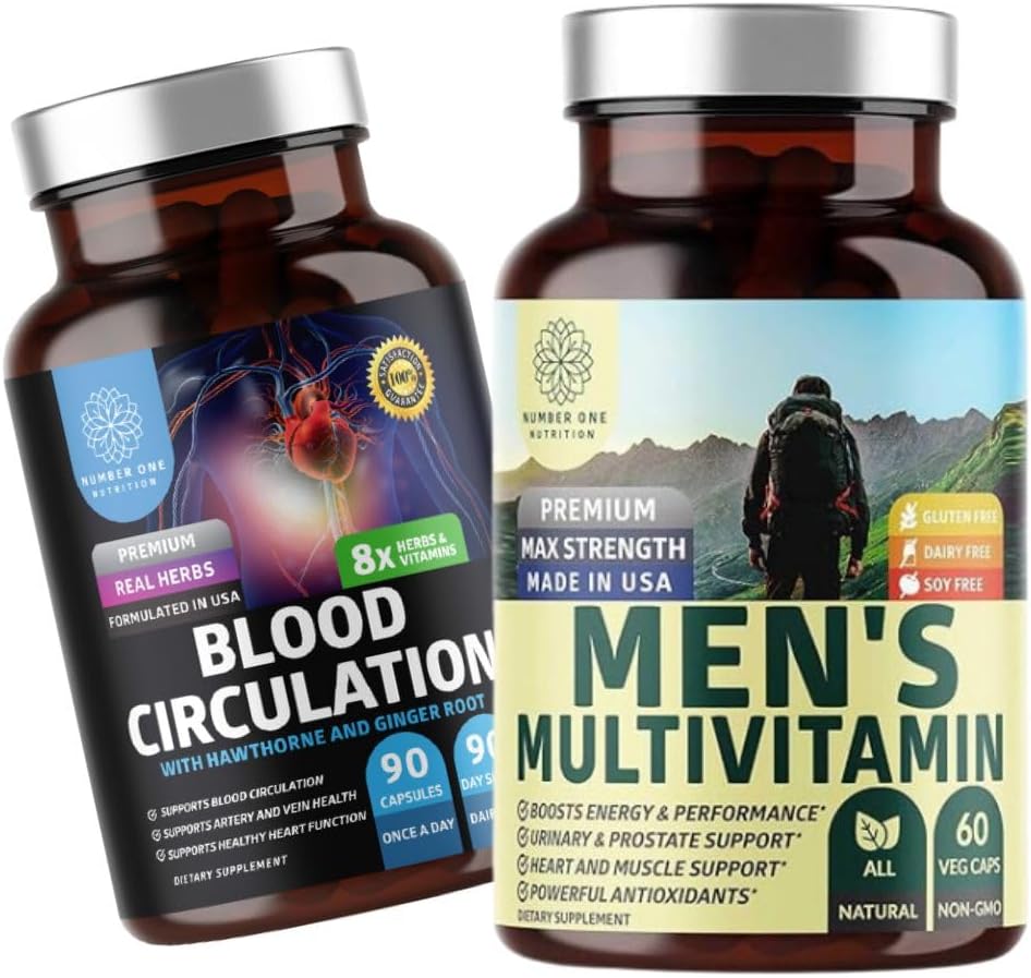 Number One Nutrition N1N Premium Mannen Dagelijkse Multivitamine [Vitaminen A C E D, Magnesium, Zink] en Bloedcirculatie Supplement [8 Krachtige Kruiden & Vitaminen], 2 Pack Bundle