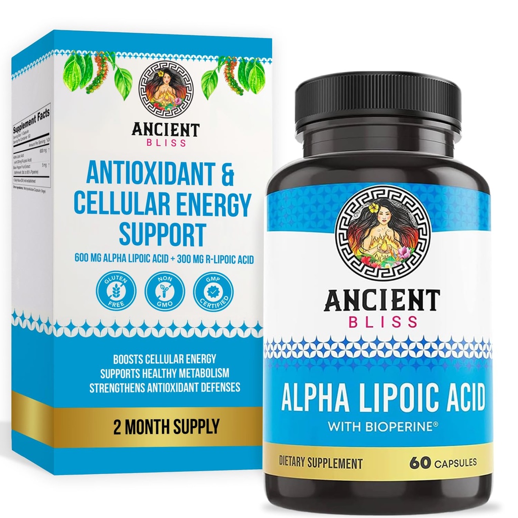 Ancient Bliss Alpha Lipoïnezuur Supplement, Antioxidant en Energie Ondersteuning, ALA Supplement met Bioperine, Geen Gluten en Soja, 600 mg per portie, 60 Vegan Capsules