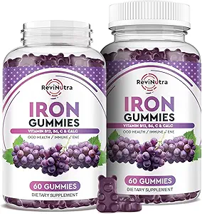 Iron Gummies - with Calcium, Zinc, Folate & Vitamin B12, C, B6 for Adults & Kids - Blood Builder & Energy Support for Iron Deficiency, Anemia, Vegan - 2 Pack Grape Flavour,60 Gummies