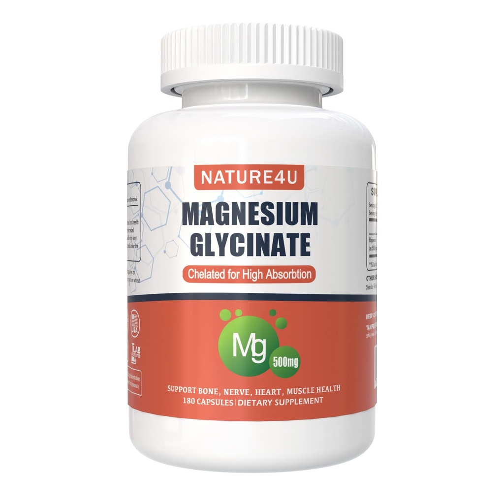 Magnesium Glycinate 500mg, 100% chelaat voor hoge absorptie Magnesium Supplement voor slaap, spier, hart, nooit en bot ondersteuning, 180 capsules