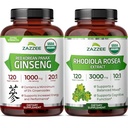 Zazzee Organic Rhodiola Rosea and Korean Panax Ginseng Extract Capsules | 10:1 Rhodiola Rosea Extract Plus 20:1 Ginseng Supplement | Adaptogen Support Bundle