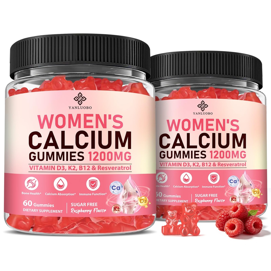 Calcium Gummies for Women，Calcium Citrate 1200 mg with Vitamin D3, K2, B12, Magnesium, Zinc & Boron, Immune Support, Calcium Supplement for Women, Vegan, Sugar-Free, 120 Count