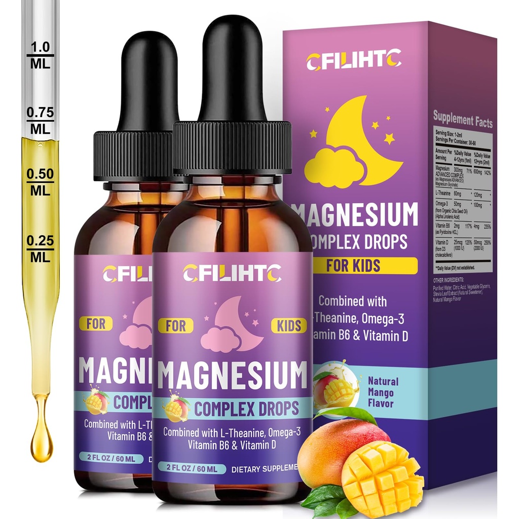 Kids Magnesium Liquid Drops-Magnesium Glycinate Liquid for Kids Supplement-w/L-theanine, Omega-3, Vitamin B6, D3 - for Sleep, Relaxation, Brain, Bones - Mango Flavor, 4 Fl Oz