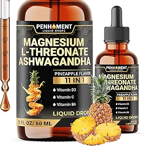 11in1 Magnesium L-Dreonaat vloeibare druppels met Ashwagandha, vitamine D3, vitamine C, vitamine B6, en 6 Meer - Hersenondersteuning - Ananas smaak - 2 FL OZ voor volledige 2-maand