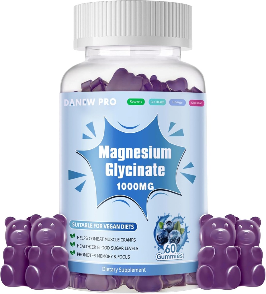Magnesium Glycinate Gummies 1000mg - Suikervrij Magnesium Kalium Supplement met Vitamine D, B6, CoQ10 voor Kalm Mood & Slaap Ondersteuning - 60 Blueberry Gummies