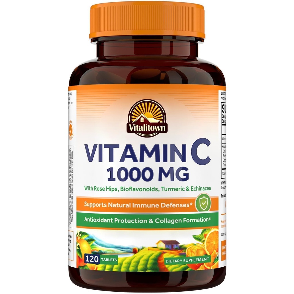 Vitalitown Vitamin C Complex 1000mg with Rose HIPS, Bioflavonoids, Turmeric & Echinacea, Daily Immune Support, Collagen Booster & Powerful Antioxidant, Vegan, 120 Tablets