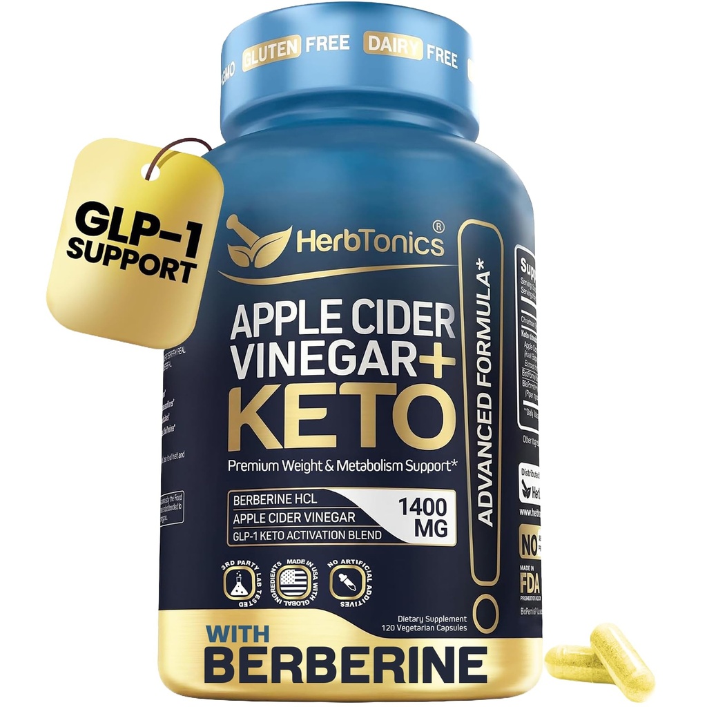 Herbtonics Apple Cider Vinegar + Keto Advanced with Berberine | GLP-1 Support for Appetite, Cravings & Weight Management | Ceylon Cinnamon, Chromium & MCT | 120 Capsules, 2-Month Supply