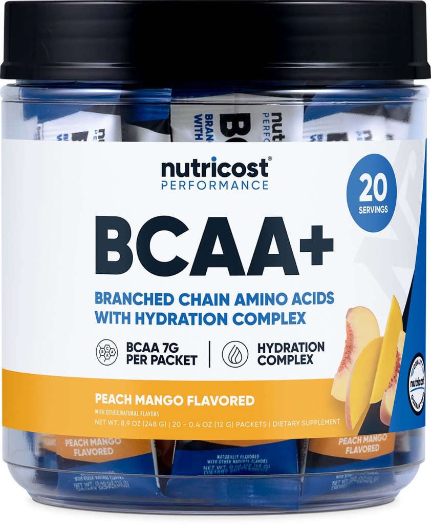 Nutricost BCAA+ Hydration Peach Mango Smaak (20 Stickpacks) - Vertakte keten Aminozuren met Hydration Complex - Glutenvrije, Non-GMO